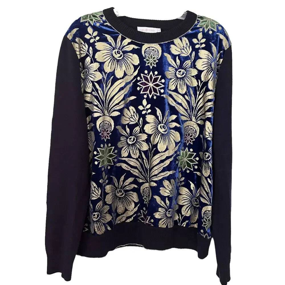 Tory Burch Hollis Floral Foil Print Velvet Front Navy Crewneck Sweater Size XL